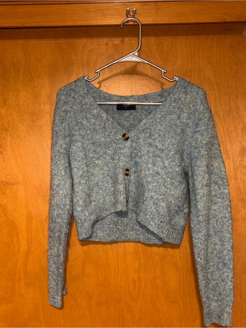 Tahari Blue Marled Knit Cropped Cardigan Sweater Fuzzy V-Neck Button Front SZ M